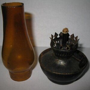 Antique 6" tall Oil Lamp, metal base, Amber Glass Hurricane w/ wick